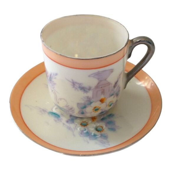 Lustreware Demitasse Espresso Cup Saucer Hotta Yu Shoten Moriage Swans Floral. - Picture 8 of 16